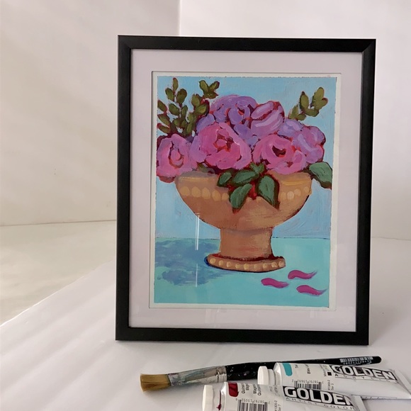 Artisan Other - Original Hand-Painted Abstract Pink Flowers: Art for Kitchen or Bedroom Floral